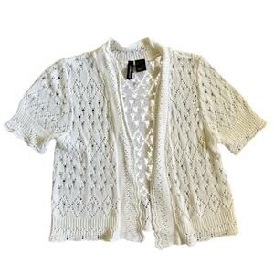 Jason Maxwell Y2K White Crochet Knit Cardigan Short Sleeve Cropped Size Small